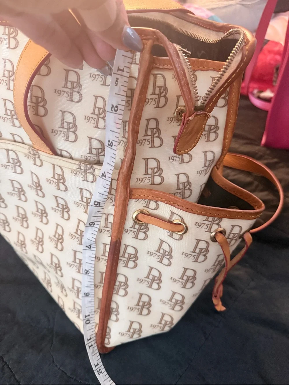 Dooney & Burke Monogram Leather Baby Bag in Cream and Tan